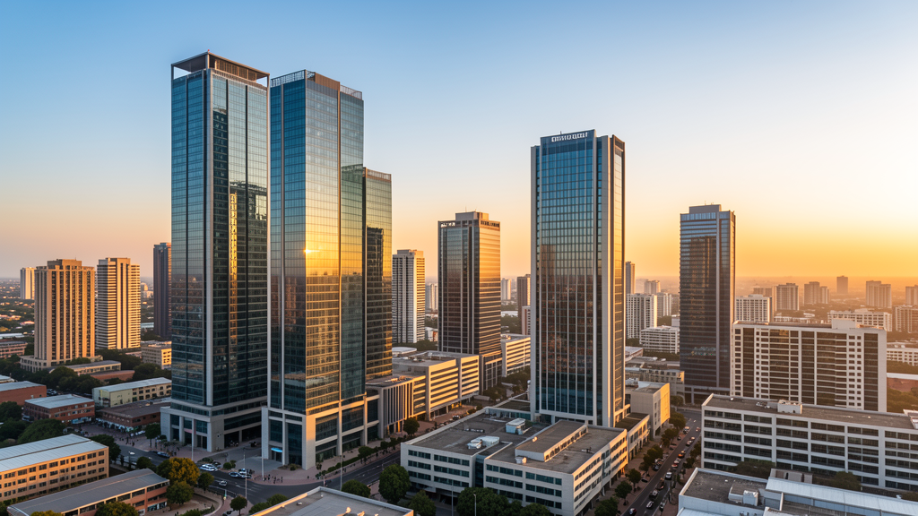 Modern African city business district skyline at golden hour
