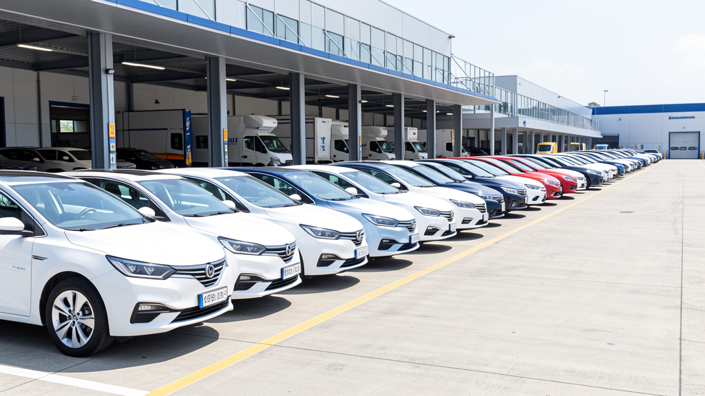 Row of new vehicles lined up at an export terminal ready for shipping